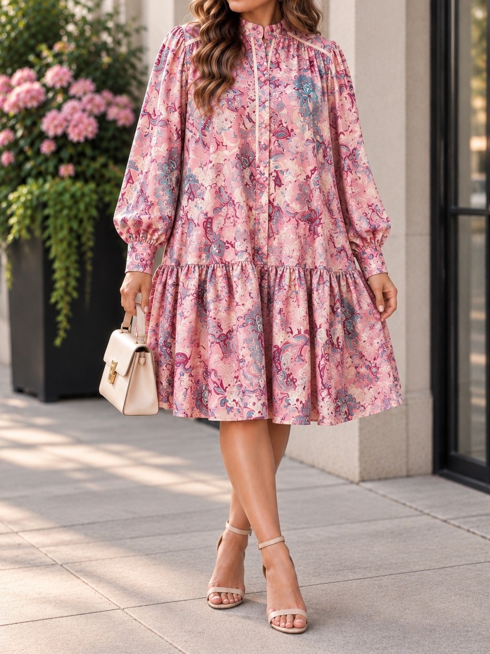 Dalia MacPhee Pink Paisley Floral Tiered Babydoll Dress Size L